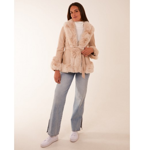 Faux Fur PU Coat With Belt